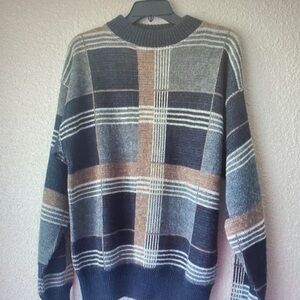 Yves Saint Laurent Plaid Crewneck Sweater in Gray, Brown and Navy